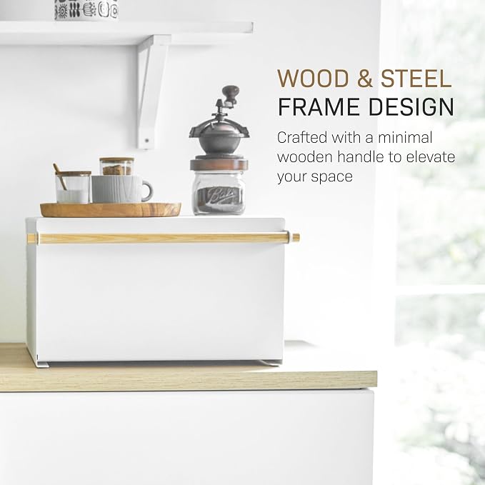 YAMAZAKI Home Modern Bread Box – Steel + Wood Countertop Bread Storage Container, Large White Bread Box for Kitchen Countertop, Space-Saving Bread Keeper, Easy Access Lid | Large bread box for kitchen countertops. Features an easy-access lid to keep br... - Image 7