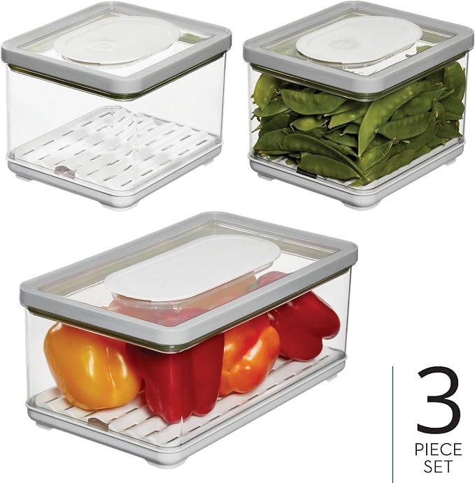 iDesign Small and Large Fridge Produce Bins with Removable Drainage Trays and Lids - Set of 3 - Gray - Image 2