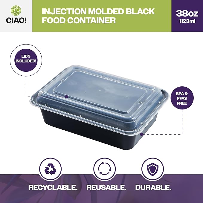 CIAO! Heavy Weight 38oz Injection Molded Microwavable Black Rectangular Food Container with Lid (150/case) - Image 2