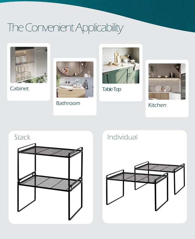 Shantton Cabinet Shelf Organizer, Pantry Shelf Rack, Black 16.1x10.6x9.5 | 2-Pack Stackable Metal Riser Holds 40LBS with Non-Slip Feet for Kitchen Pantry Bathroom Countertop Freezer Cupboard - Image 5
