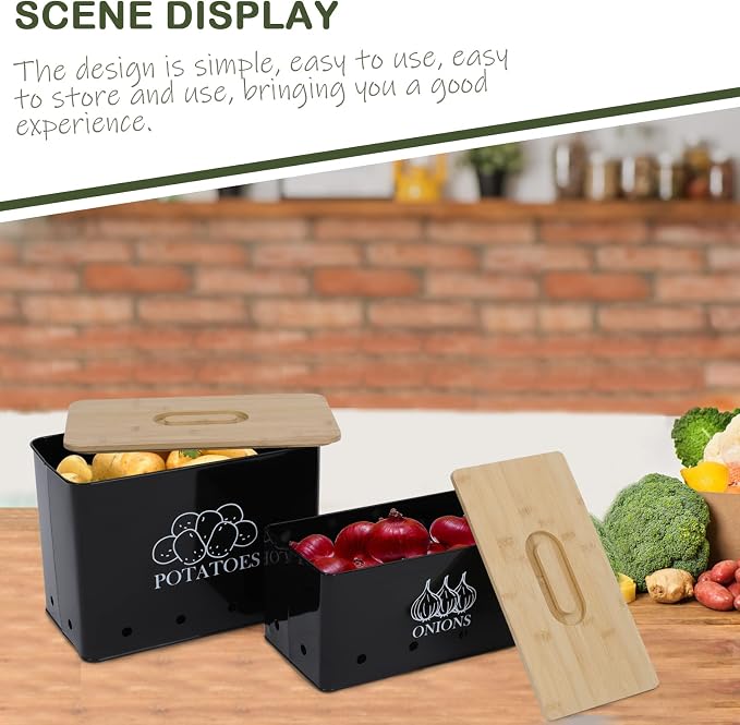 Potato and Onion Storage Bin Set of 2, Vented Metal Vegetable Storage with Wooden Lids, Farmhouse Kitchen Canisters for Countertop Pantry Organizer, Potato Bin Onion Holder for Produce Storage, Black - Image 4