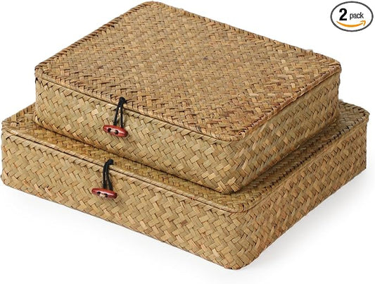 YANGQIHOME Set of 2 Seagrass Baskets with Lids, Rectangular Woven Storage Baskets, Natural Wicker Basket Boxes for Coffee Table, Shelf, Bathroom Counter & Closet Decor (Natural, Set of 2) by YANGQIHOME