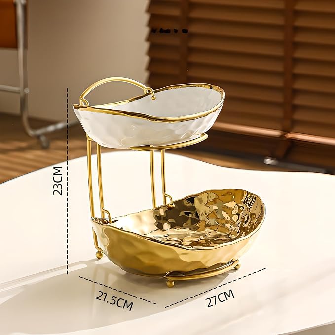 XUDREZ 2 Tier/ 3 Tier Fruit Bowl with Metal Stand for Kitchen Counter, Ceramic Gold Silver, Portable Tiered Fruit Basket Fruit Rack for Nuts, Snacks, Bread, Candy Storage (Gold, 2 Tier) - Image 2