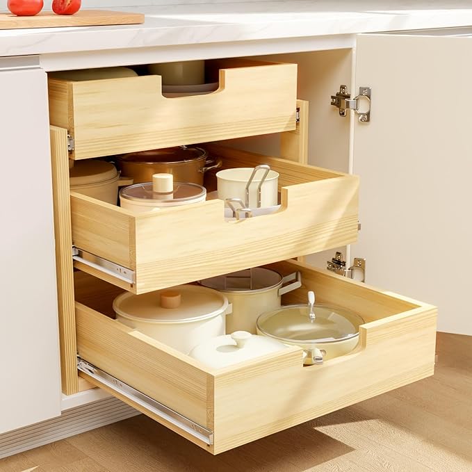 Pull Out Cabinet Organizer, 20''W×21''D Sliding Drawers for Cabinets, 3 Tier Soft Close Slide Out Wooden Pull out Drawers, Base Cabinet Organization for Kitchen, Pantry, Bathroom - Image 2