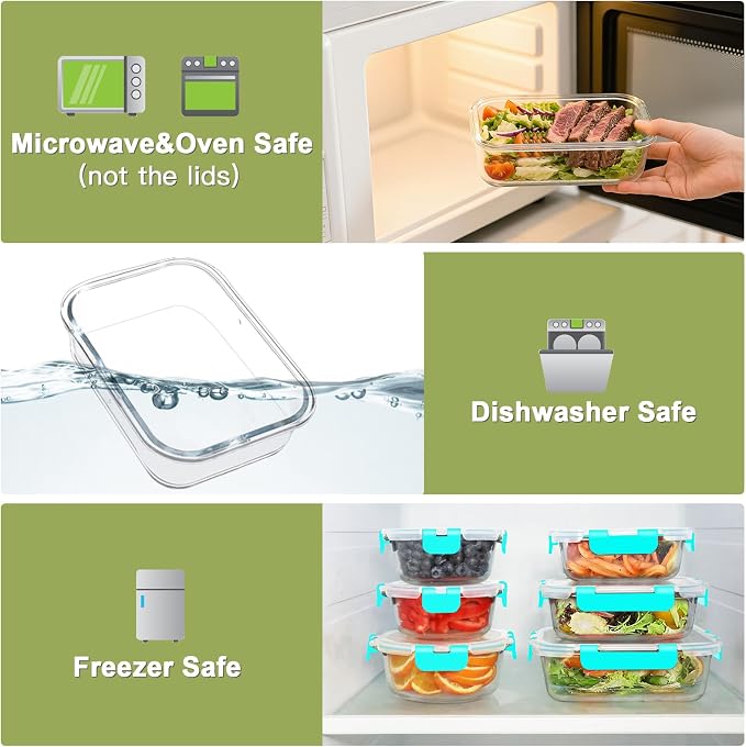 BAYZZ 24 Piece Glass Food Storage Containers with Lids, Airtight Glass Meal Prep Containers for Kitchen, BPA-Free Lunch Box, Microwave and Freezer Safe,Green - Image 3