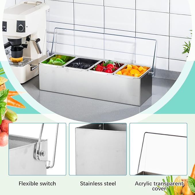 Boao 4 Slot Yakumi Pan Stainless Steel Condiment Tray Garnish Tray with 4 Ice Boxes Condiment Container with Lid for Spring Easter Party Hot Pot Sauce Station Bar Drink Topping Prep Station Supplies - Image 4
