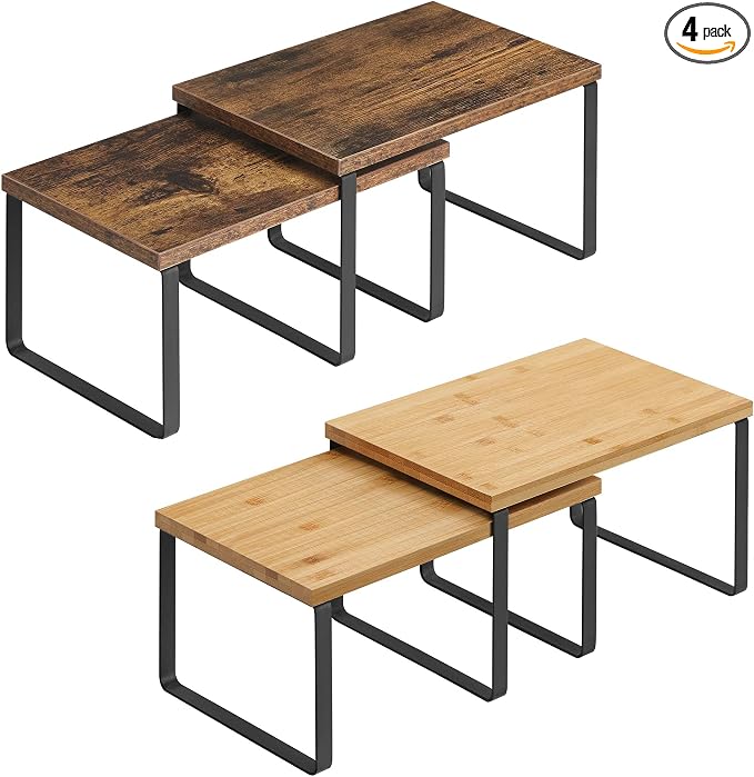 SONGMICS Set of 2 Cabinet Organizers and Countertop Shelves Bundle, Kitchen Counter Shelving, Stackable and Expandable, Rustic and Black and Natural UKCS02NB and UKCS020X01 by Unknown