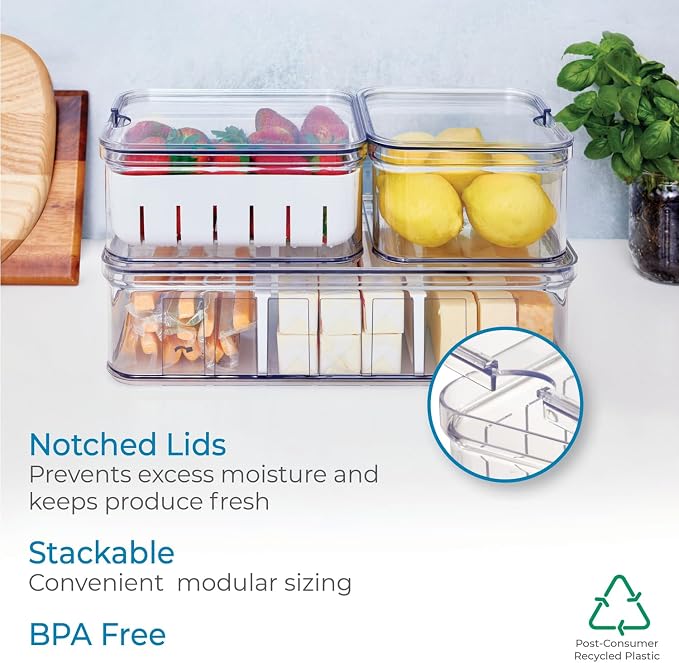 iDesign Crisp 3-Piece Recycled Plastic Refrigerator Organizer Bin Set with Lids, Clear/White - Image 4