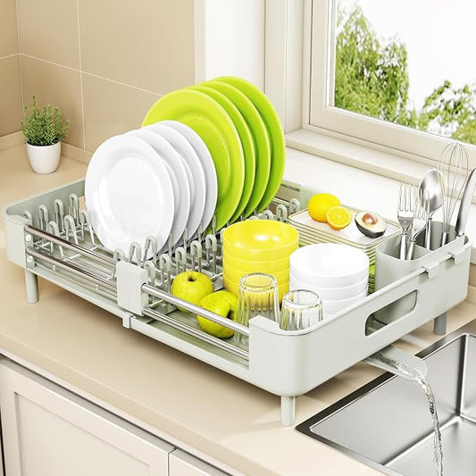 Urackify Extendable Stainless Dish Drying Rack for Kitchen Counter | 13.78"W x 18.7"L, Foldable Drainboard for Space Saving, Knife and Utensil Holder, Fast-draining Spout, Soft Celery Green by Urackify