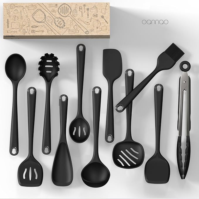 Silicone Kitchen Utensils Set,Utensils Sets for Cooking,Dishwasher Safe | Seamless Spatula Set,Nonstick Cookware, BPA-Free,Heat Resistant up to 600°F, House warming Gift,Black - Image 3