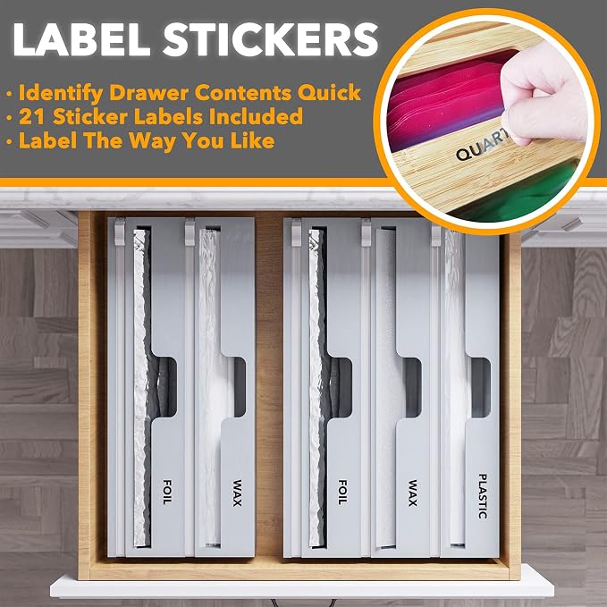 SpaceAid WrapNeat 3 in 1 Wrap Organizer with Cutter and Labels, Plastic Wrap, Aluminum Foil and Wax Bamboo Dispenser for Kitchen Storage Organization Holder for 12" Roll (Gray) - Image 4