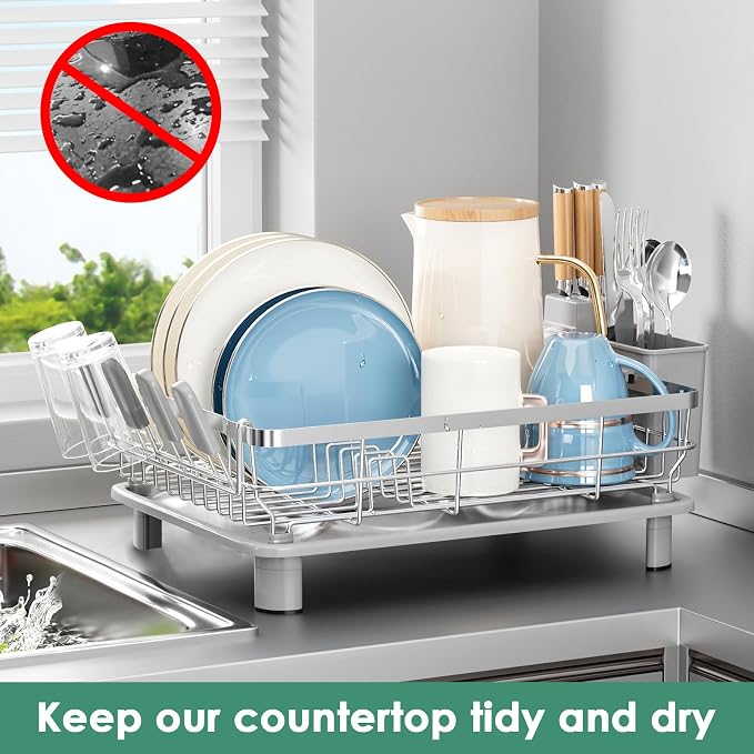 MOUKABAL Stainless Steel Dish Drying Rack for Kitchen Counter, Grey Silver | 13×17 Large Capacity/Drainboard with Rotating Spout/Removable Cup & Utensil Holders/Fast Drainage/Countertop Dish Drainer - Image 7
