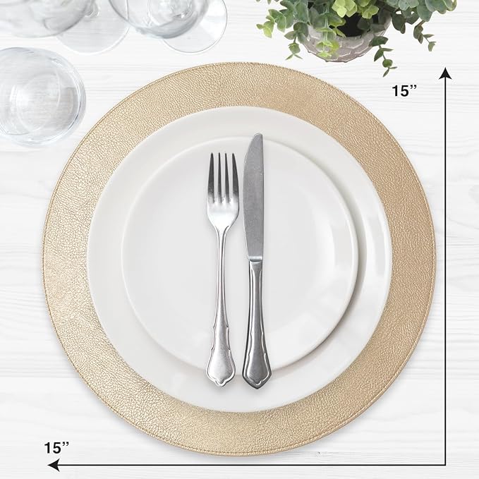 Morgan Faux Leather Set of 12 Placemats, 15" Round, Champagne, Heat Resistant, Stain Resistant, Non-Slip, Reversible, Durable Table Mats for Kitchen, Dining Table, Indoor Washable Use - Image 2