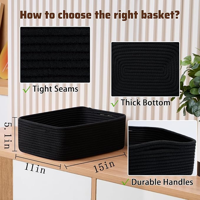 MiniArk Large Shallow Organizing Baskets 15x11x5.1 Inches - Rope Woven Storage Bins for Bathroom, Shelves, Cube Closet, Black 3 Packs - Image 2