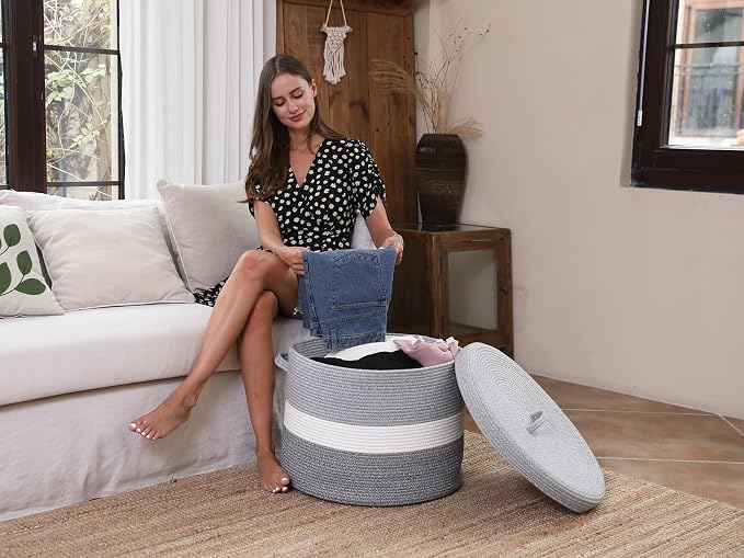 20x15 Inch Extra Large Round Cotton Rope Storage Basket with Lid, Decorative Woven Bin with Cover for Living Room Bedroom Closet, Dual Grey - Image 6