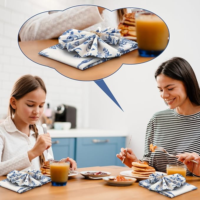 48 Pcs Cloth Napkins Bulk-15 x 15 Inch Soft Fabric Napkins Bulk Cloth Washable Reusable Plants Floral Square Napkin Cotton Dinner Towel for Spring Tea Party (Blue White Flower) - Image 4