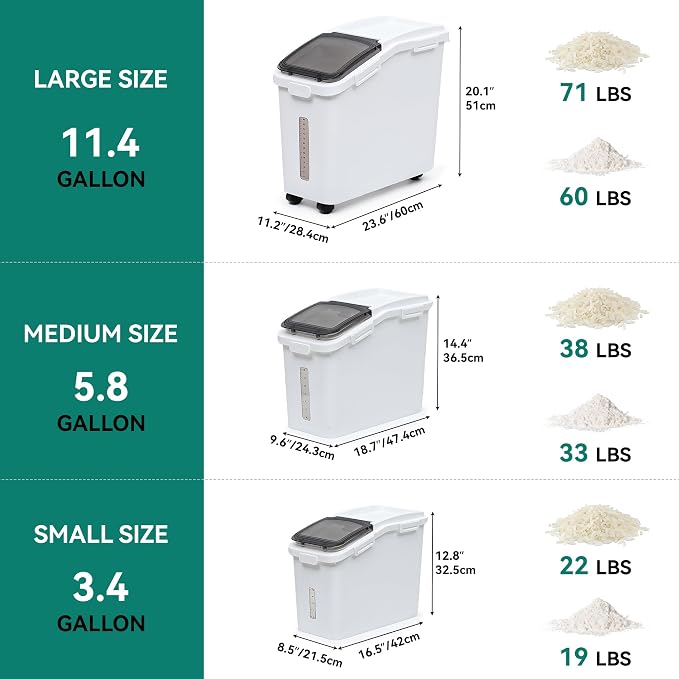 YITAHOME Ingredient Storage Bin, 20.6 Gal(11.4+5.8+3.4 Gal) Commercial Rice Flour Storage Container 500 Cups Storage Bins with Wheels Shelf-storage Bin with Scoop and Lid, Rice Bin for Kitchen, White - Image 7