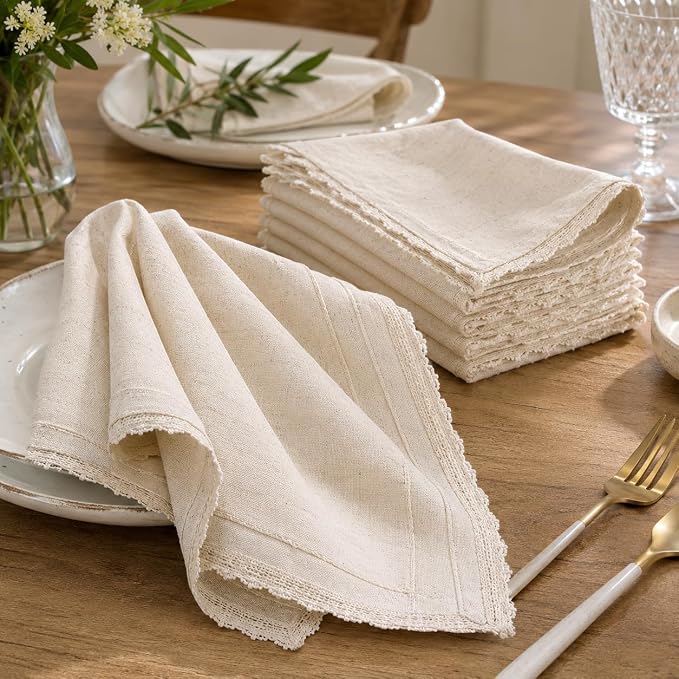 Bedding Craft Cloth Dinner Napkins Linen Flax Cotton 18x18 Set of 12 – Natural with Lace & Mitered Corners – Machine Washable Reusable Fabric Napkins for Weddings, Parties & Table Decorations - Image 6