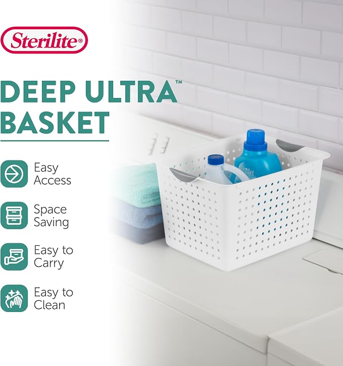 Sterilite Deep Ultra™ Basket, Open Plastic Storage Bin, White, 6 Pack | Large Open Containers and Bins for Pantry Shelves, Kitchen Cabinets, Laundry, Closets, Dorm Rooms, Classrooms & Bathrooms - Image 2