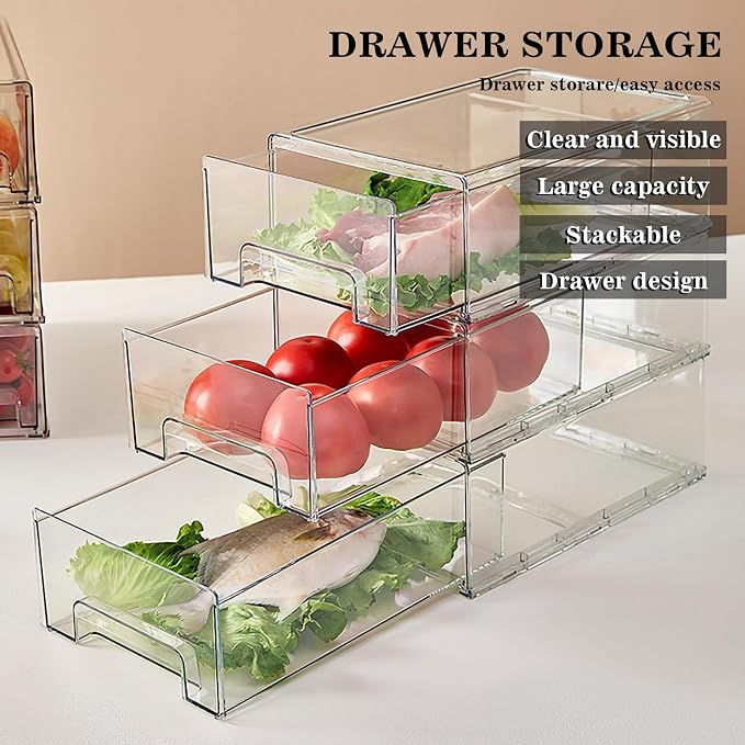 MANO 2Pack Clear Fridge Drawers Pull Out Stackable Refrigerator Drawer Organizer Bins Pantry Storage Box Plastic Food Containers for Kitchen Bathroom Office Closet (2pack Large) - Image 3