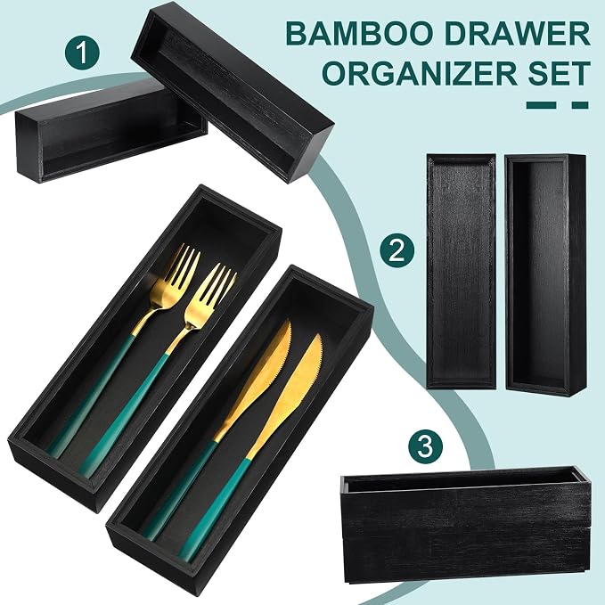 Uiifan 6 Pcs 10 x 3 x 2'' Bamboo Drawer Organizer Black Stackable Utensil Silverware Holder Wooden Tray Drawer Dividers Boxes Spoon Storage Organizer for Kitchen Office Bathroom Cabinet Jewelry - Image 3