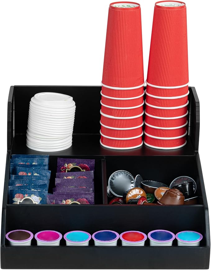 Restaurantware Coffee Cup Organizer 15 x 14.25 x 9.25 Inch Multipurpose Bamboo Condiment Holder Black Countertop Cup and Lid Organizer for Coffee Shops and Office Break Rooms - Image 7