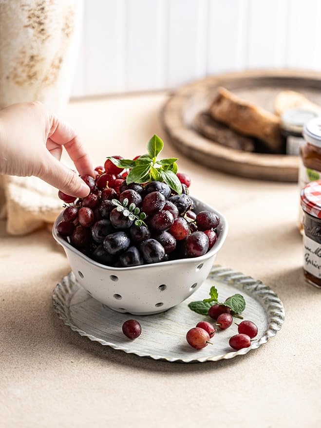 Gomakren Ceramic Berry Basket Set of 2, Rustic Fruit Basket Container 6 Inch, Fruit Bowl with Holes for Kitchen, Berries, Strawberry, Grape, Cherry, Floral Shape - Cream White - Image 6