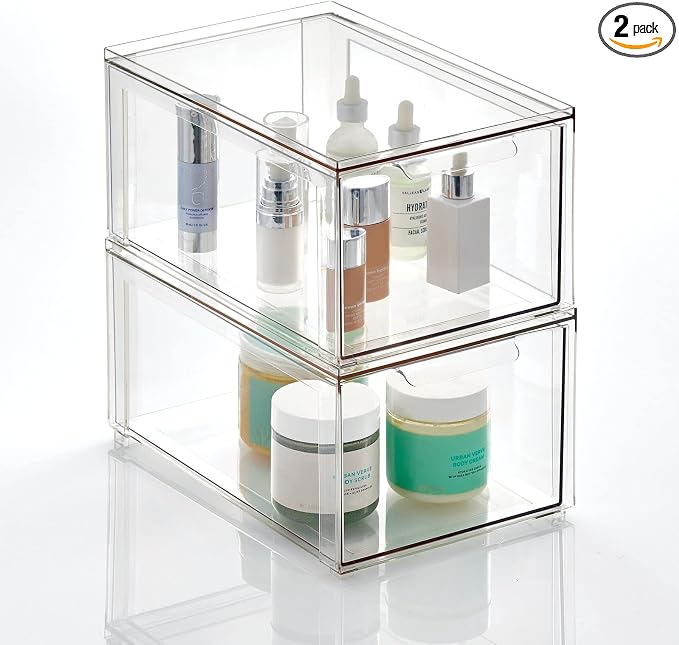 mDesign Plastic Stackable Bathroom Storage with Pull Out Bin Organizer Drawer for Cabinet, Vanity, Shelf, Cupboard, Cabinet, or Closet Organization - Lumiere Collection - 2 Pack - Clear by mDesign