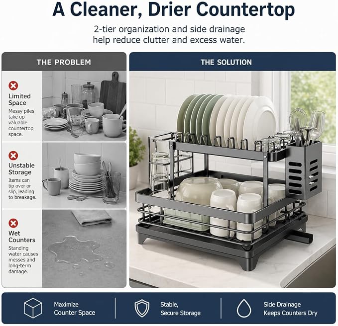 2-Tier 304 Stainless Steel Dish Drying Rack for Kitchen Counter, Gray | Dish rack separates plates, bowls, cups and utensils, while side drainage directs water toward the sink. - Image 6