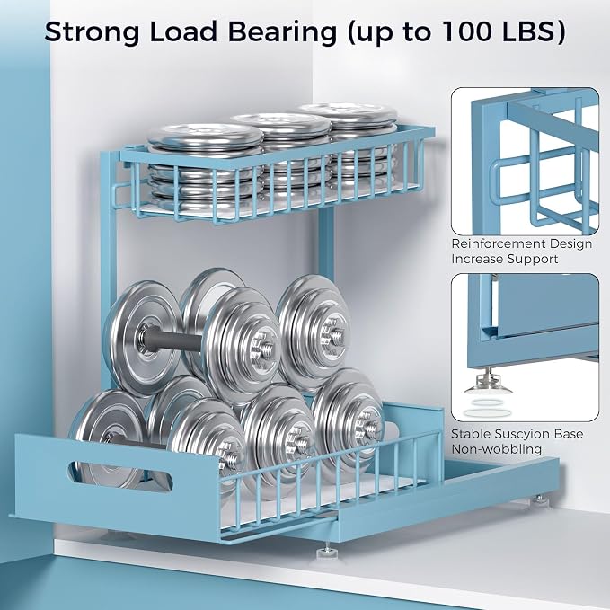 2-Pack L-Shaped Under Sink Organizer, 2-Tier Pull-out Cabinet Rack | Teal Height-Adjustable Steel Rack, Sliding Grid Drawers with PP Liners, Holds 100 Lbs, Suction Base, Ideal Kitchen Storage - Image 5
