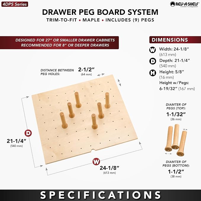 Rev-A-Shelf Trimmable Pegboard Drawer Divider Organizer, Trim to Custom Fit Wooden Kitchen Cabinet Storage Utensil, Pots & Dish Rack, 24" x 21", 4DPS-2421 - Image 6