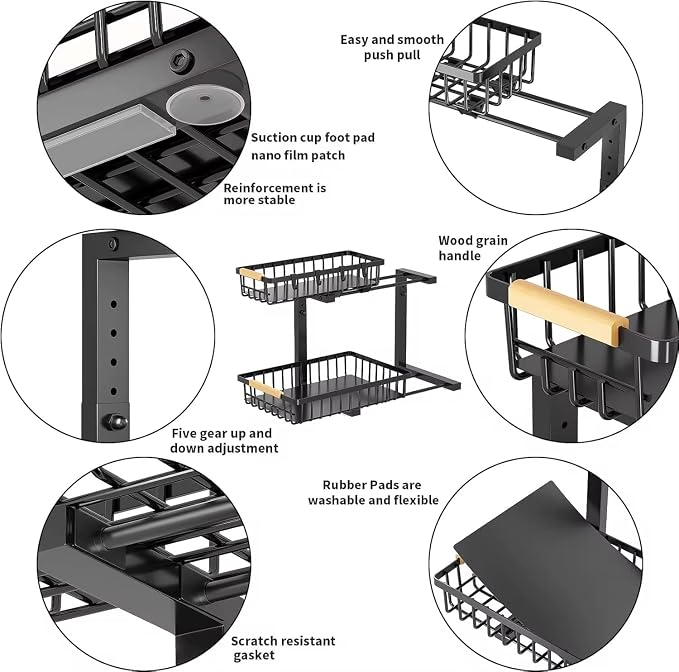 Lumela Under Sink Organizer, 2-Tier Slide-Out Cabinet Organizer Shelf, Height Adjustable Metal Pull-Out Storage Rack with Wood Handle for Kitchen & Bathroom Cabinets (Black) - Image 8