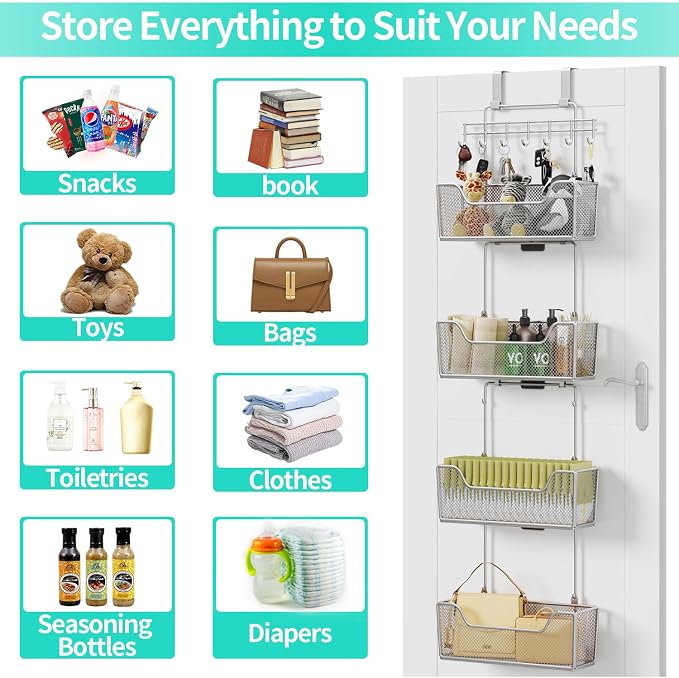 HapiRm Over The Door Organizer - Hanging Door Organizer with 4 Metal Large Capacity Baskets and Adjustable Coat Hook for Bathroom Bedroom Kitchen Pantry Closet Cabinet - Image 5