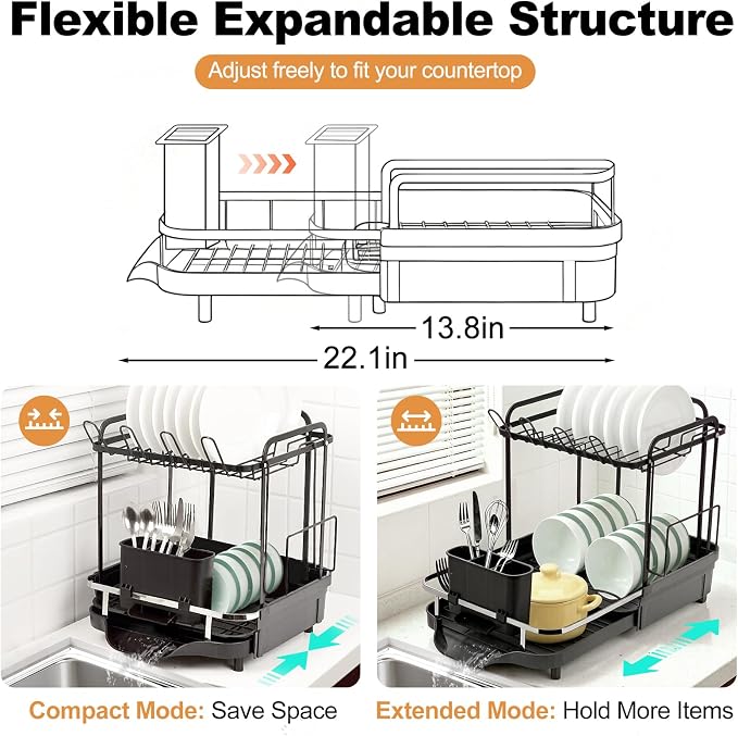 Expandable Stainless Steel 2-Tier Large Capacity Dish Drying Rack, Auto Drain Kitchen Counter Drainer with Rotatable Multi-Slot, Drainboard, Utensil, Cup Cutting Board Holder, 15"-22.4" Adjustable - Image 4