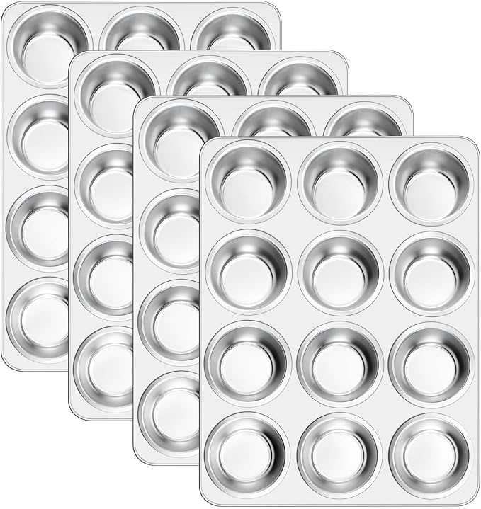 E-far 12-Cup Muffin Pan Set of 6, Stainless Steel Cupcake Pan for Oven | Non-Toxic Metal Muffin Tins for Baking Muffins & Cupcakes, Regular Size & Easy Clean, Dishwasher Safe by E-far