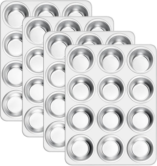 E-far 12-Cup Muffin Pan Set of 6, Stainless Steel Cupcake Pan for Oven | Non-Toxic Metal Muffin Tins for Baking Muffins & Cupcakes, Regular Size & Easy Clean, Dishwasher Safe by E-far