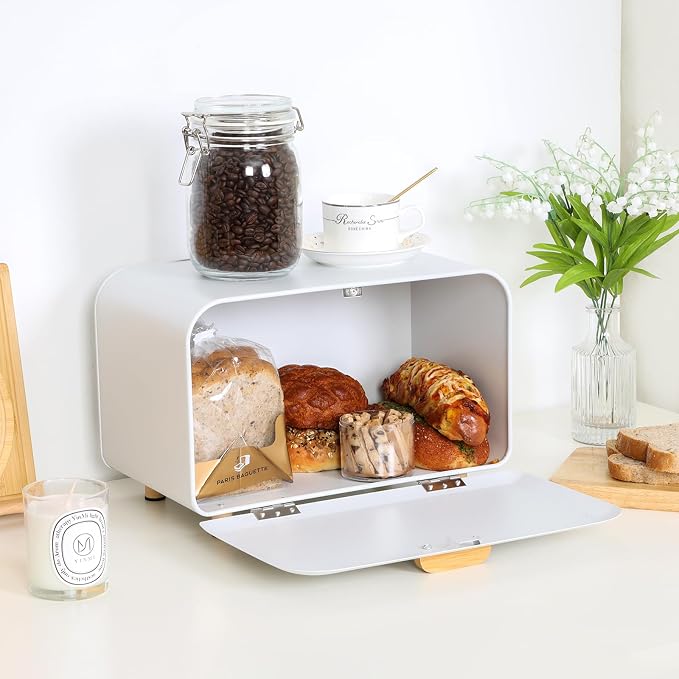 White Bread Box for Kitchen Countertop - Large Capacity Bread Storage Container Farmhouse Bread Box - Stylish Metal Bread Keeper - Image 2