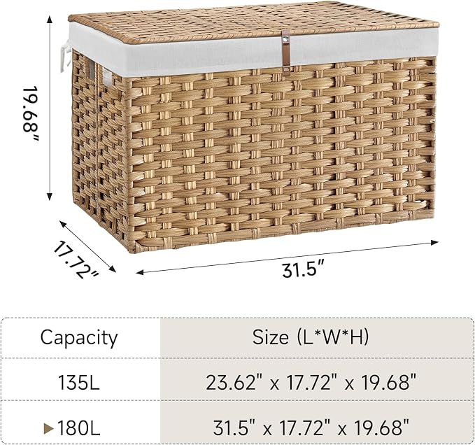 180L Wicker Storage Basket with Lid, Handwoven Rattan Large Shelf Basket with Removable Liner, 47.6 Gallon Wicker Basket for Blanket, Storage Trunk with Handle for Closet, Bedroom, Livingroom, Natural - Image 5