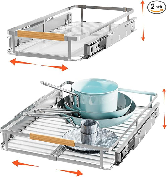 2Pack Expandable Pull Out Cabinet Organizer, 12.3"-18.5" W x 22.5" D | Stainless Steel Slide Out Drawers, Heavy Duty Drawer Slides, For Kitchen Cabinets Pantry Cupboard, Adjustable Width by DPZM