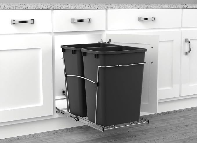 Rev-A-Shelf Double Pullout Garbage Trash Cans for Kitchen Cabinets, 35 Qt | Large Capacity Waste/ Recycling Bins, Heavy Gauge Wire Construction, with Full Extension Slides, Black, RV-18KD-18C S - Image 7