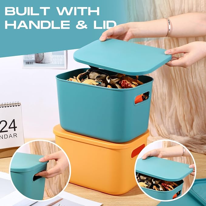 8 Pieces Colorful Storage Bins with Lid, Plastic Storage Basket Organizing Container Stackable Box with Handle for Shelves Desktop Playroom Office(10.2 x 7 x 6.3 Inch,Green and Yellow) - Image 4