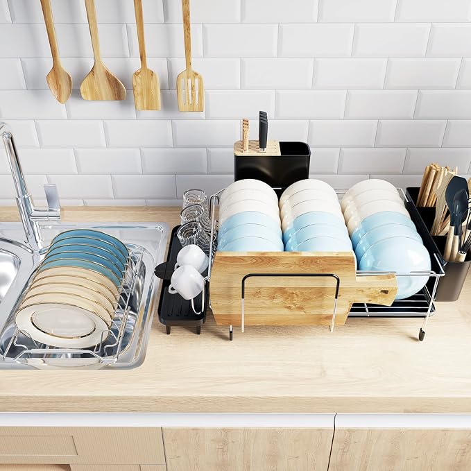 Giantex Dish Drying Rack, 2-Tier Dish Rack with Drainboard and Adjustable Swivel Spout, Large Dish Drainer with Cutting Board Holder, Utensil Holder, Knife Holder and Cup Holder for Kitchen Counter - Image 3