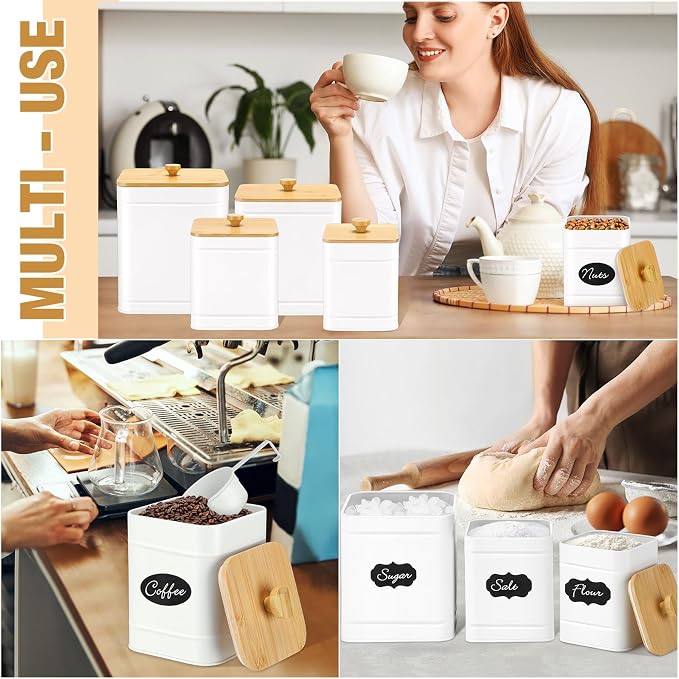 5 Pcs White Kitchen Canisters for Countertop with Labels Airtight Metal Containers Coffee Tea Sugar Flour Jars with Spoon Farmhouse Big Food Storage Set for Kitchen - Image 5