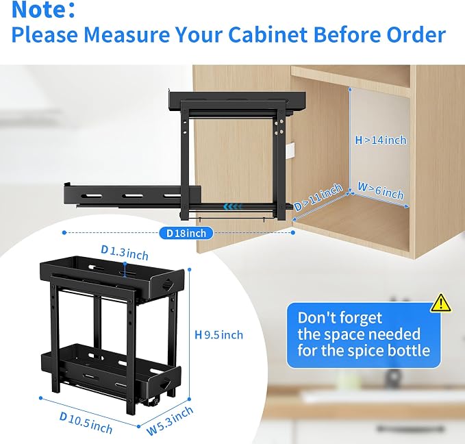 BOIVSHI Pull Out Spice Rack, Cabinet Spice Organizer, 5.3''Wx10.8''Dx9.2''H | Height Adjustable Vertical Spice Rack for Cabinet, 2 Tier Spice Racks for Inside Cabinets, Made of Metal for Easy Assembly - Image 2