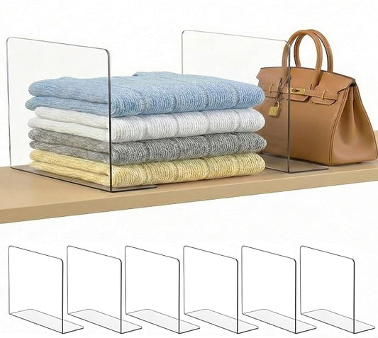 SortNStore Shelf Dividers Closet Organization: 10" Tall x 16" Deep (Deeper) | Acrylic Handbag Organizer - Deeper Cabinets Separator for Towels, Handbags, Seasonal Clothing Storage 8-Pack by SortNStore