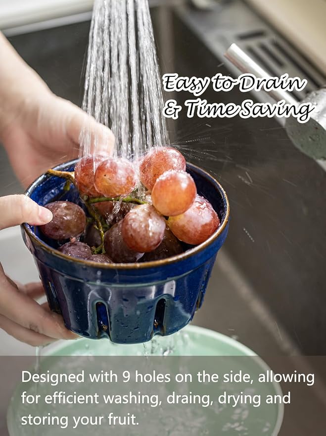 Gomakren Ceramic Berry Basket Set of 2, Fruit Bowl with Holes, Cobalt Blue | Drain Holes Keep Berries Fresh, Stackable Space-Saving, Dishwasher Safe, Versatile Fruit Serving & Farmhouse Kitchen Decor - Image 3