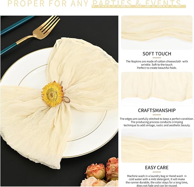 84 Packs Gauze Cheesecloth Napkins 20 x 20 Inch Ivory Wrinkled Dinner Napkins, Ivory Rustic Boho Soft Cloth Napkin for Wedding Party Event Dinner Table Decoration - Image 3