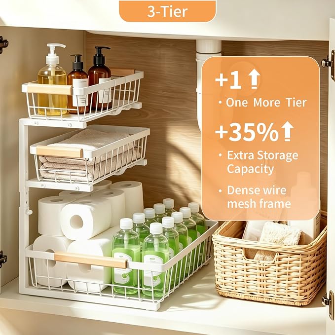 3 Tier Grid Pull Out Organizer White 2 Pack Sliding Rack | White grid dual organizer set for stable multi layer storage in kitchen bathroom and under sink cabinet organization - Image 4