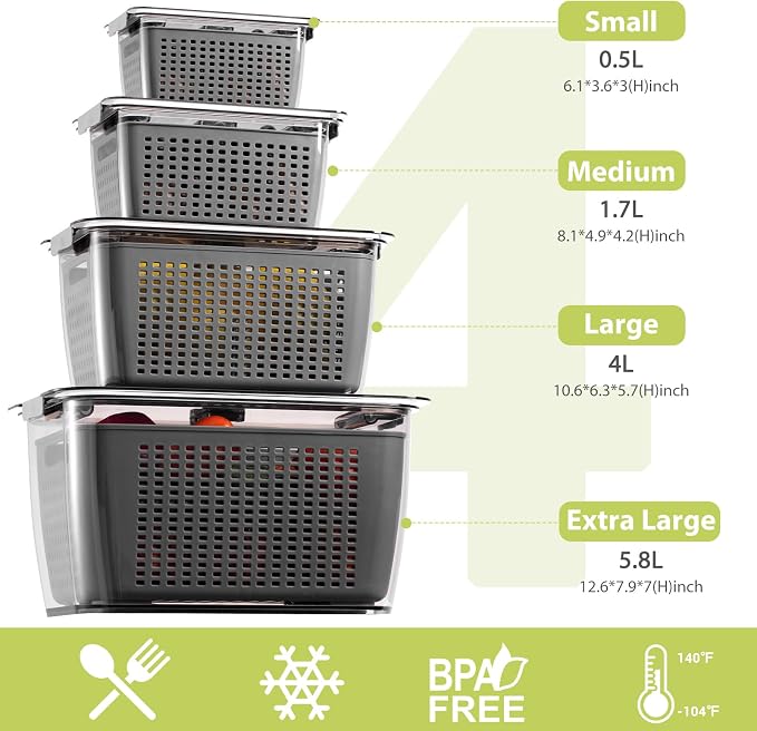 LUXEAR 4 Pack Fruit Containers for Fridge, Vegetable Storage Container with Lids &Removable Colander Produce Saver Organizer for Refrigerator Keep Fruit, Veggie, Berry, Meat Fresh Longer-Grey - Image 2