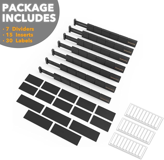 SpaceAid Bamboo Drawer Dividers with Inserts and Labels, Kitchen Adjustable Drawer Organizers, Expandable Organization for Home, Office, Dressers, 7 Dividers with 15 Inserts (17"-22" Black) - Image 7